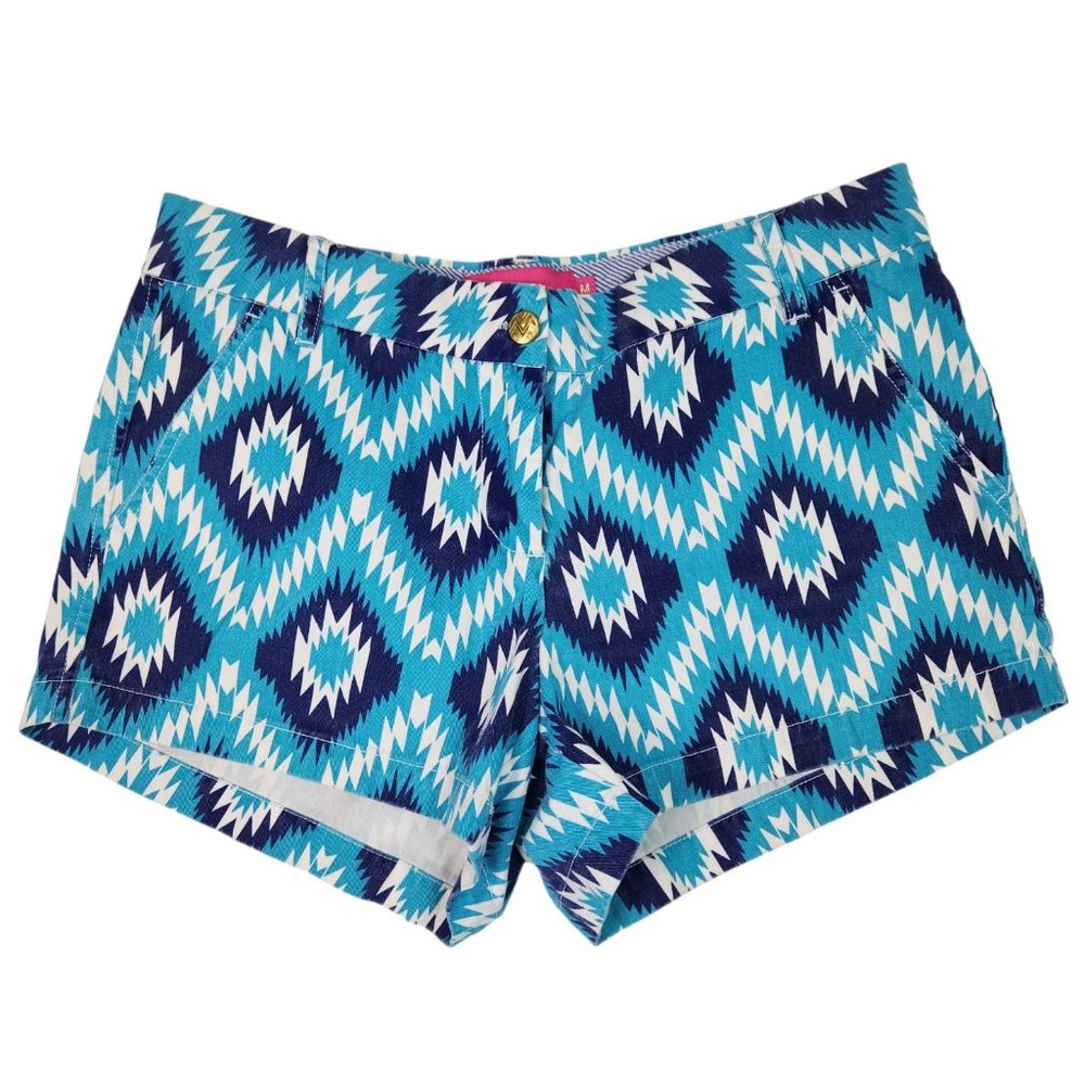 Macbeth Collection Womens Shorts Size M Blue White Aztec Batik Print 3" Inseam